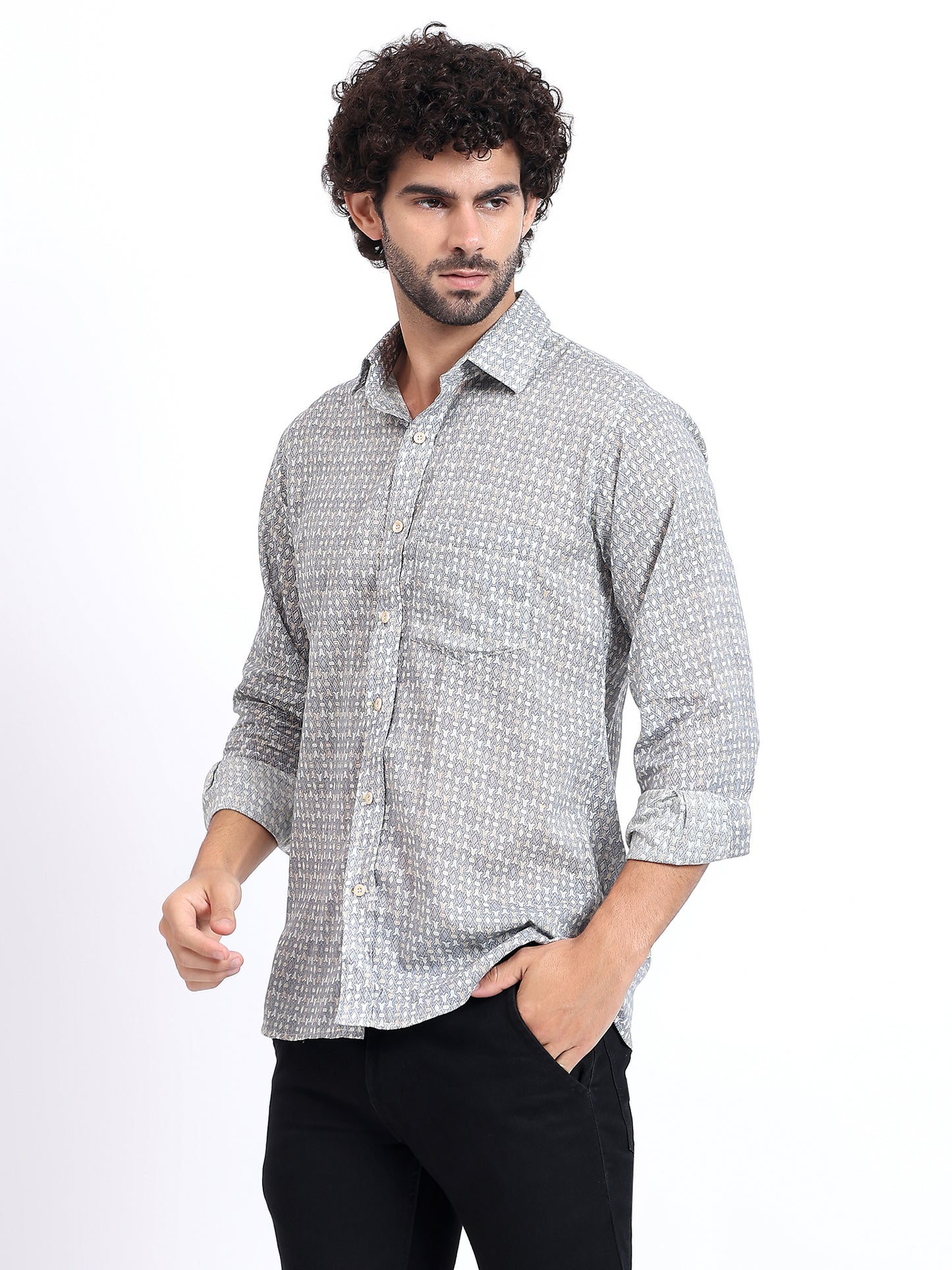 Printed grey Button-Down Shirt