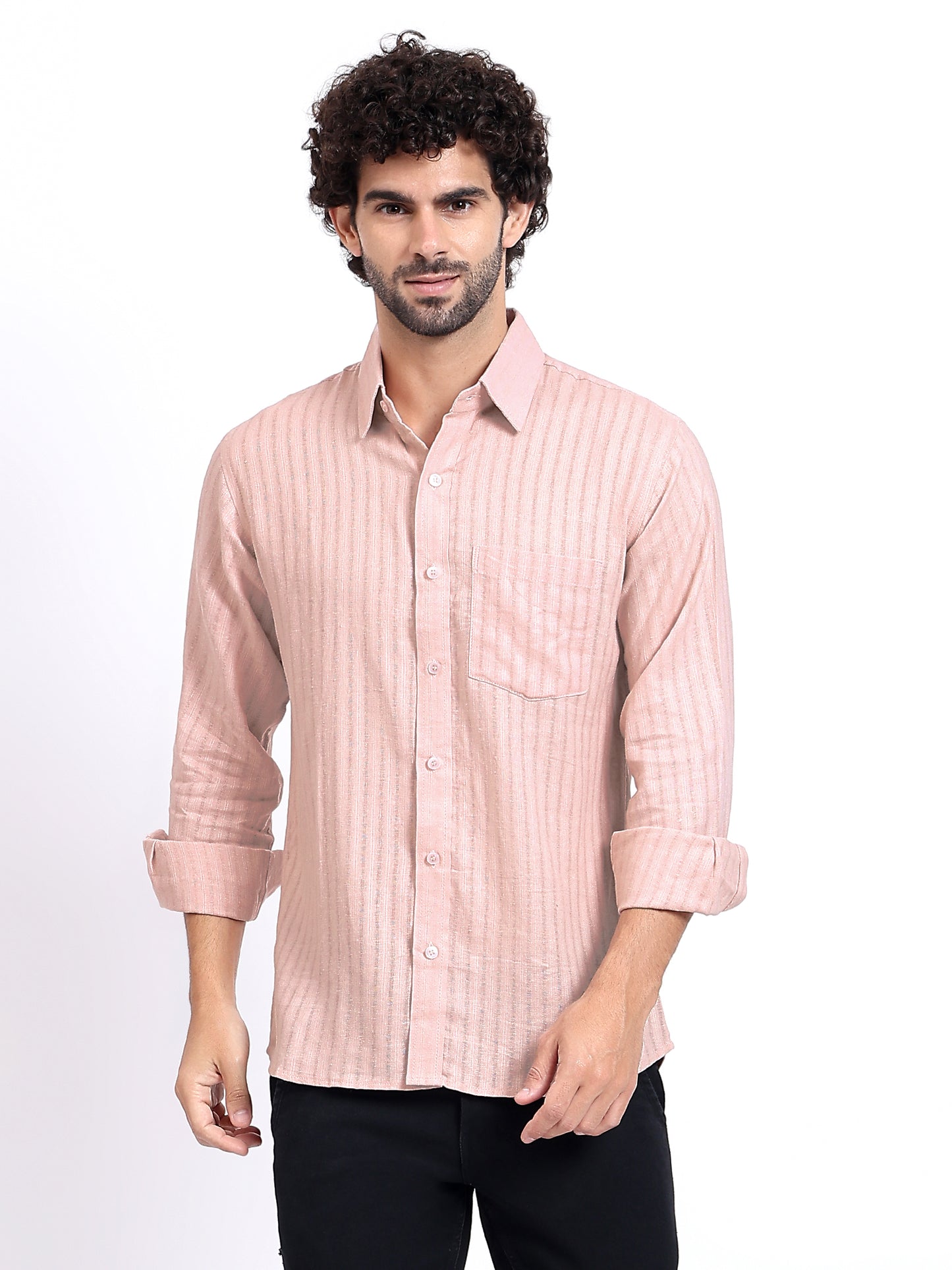 Textured Long-Sleeve Shirt in Dusty Pink