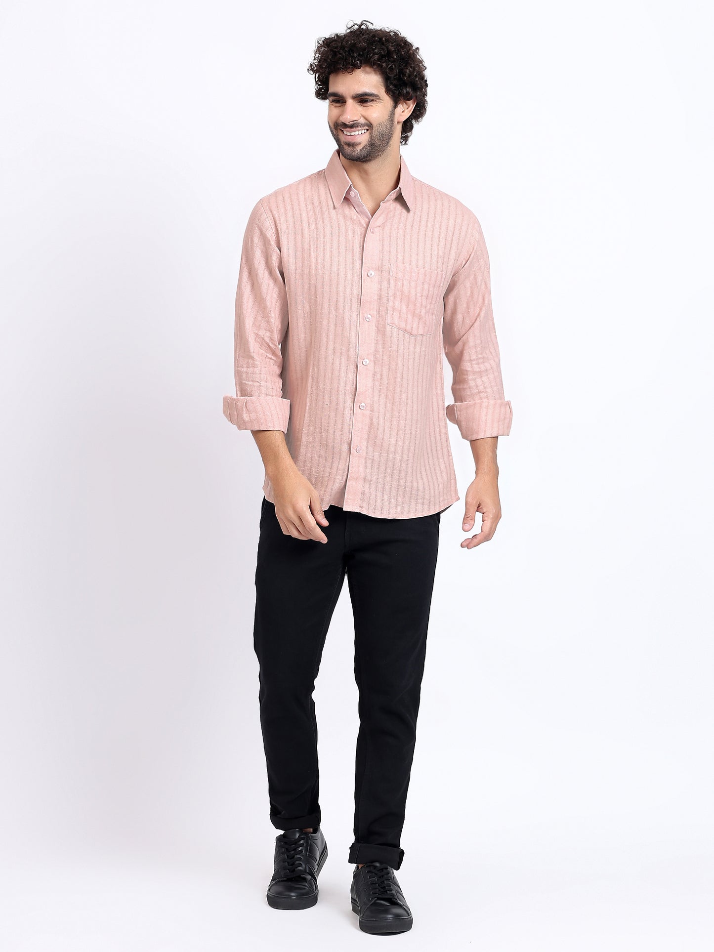 Textured Long-Sleeve Shirt in Dusty Pink