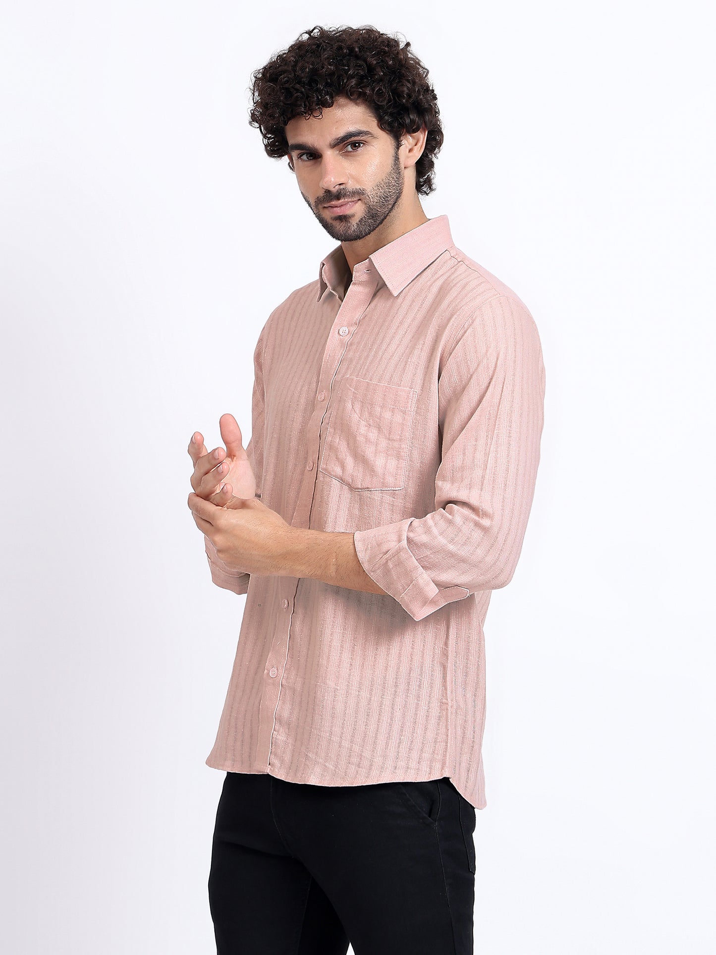 Textured Long-Sleeve Shirt in Dusty Pink