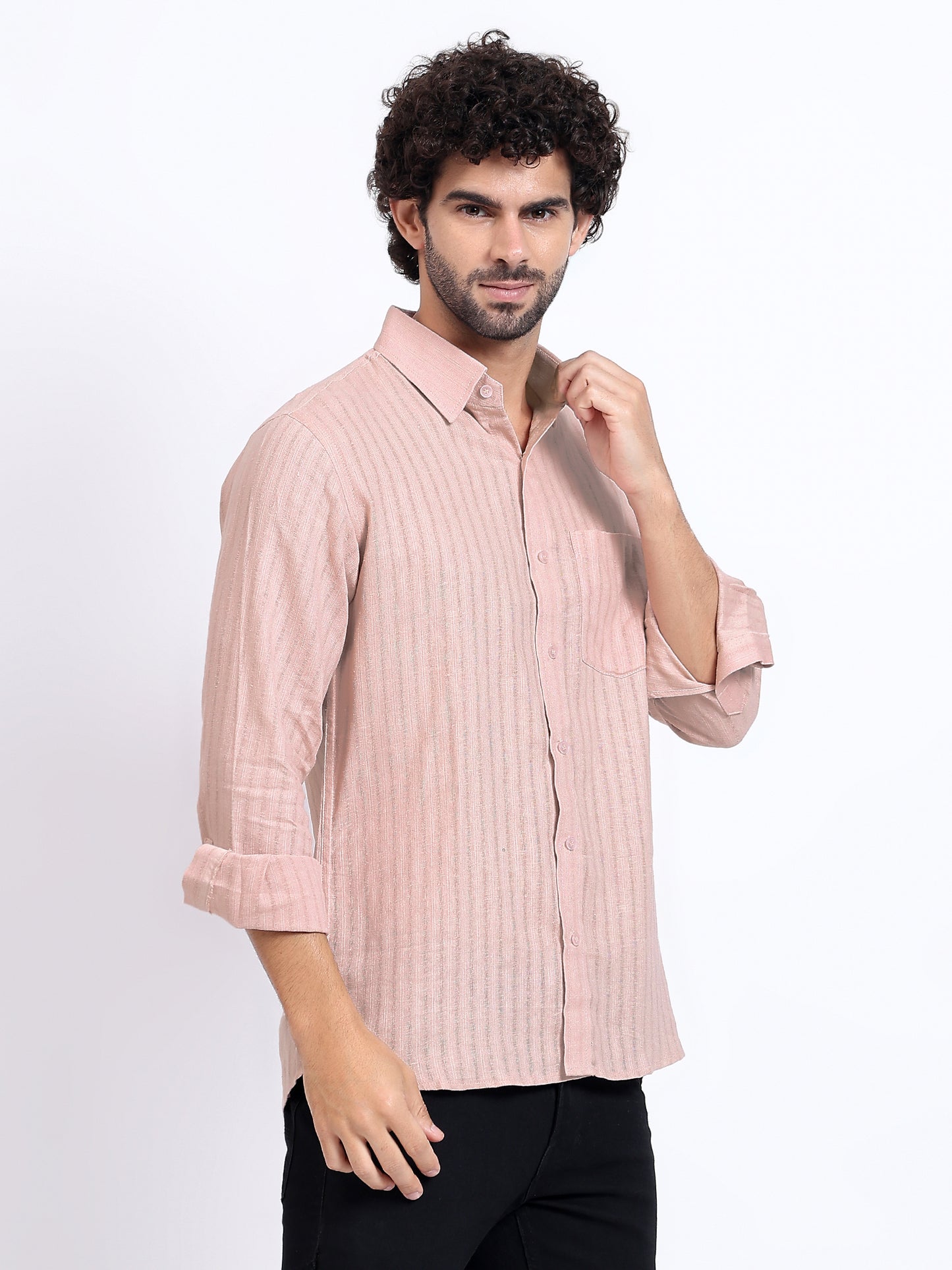 Textured Long-Sleeve Shirt in Dusty Pink