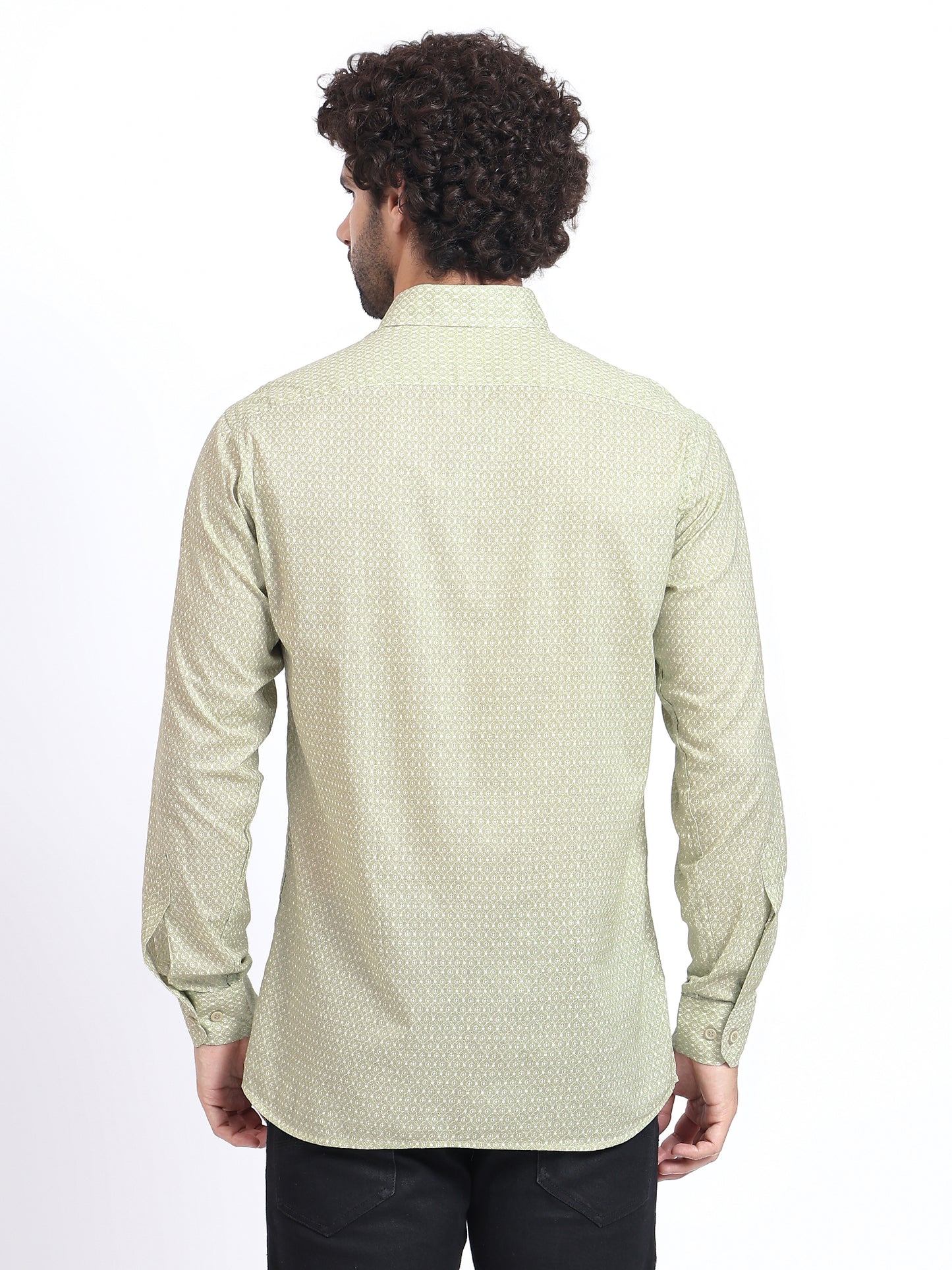 Slim-Fit Printed Long-Sleeve Shirt in Light Olive Green