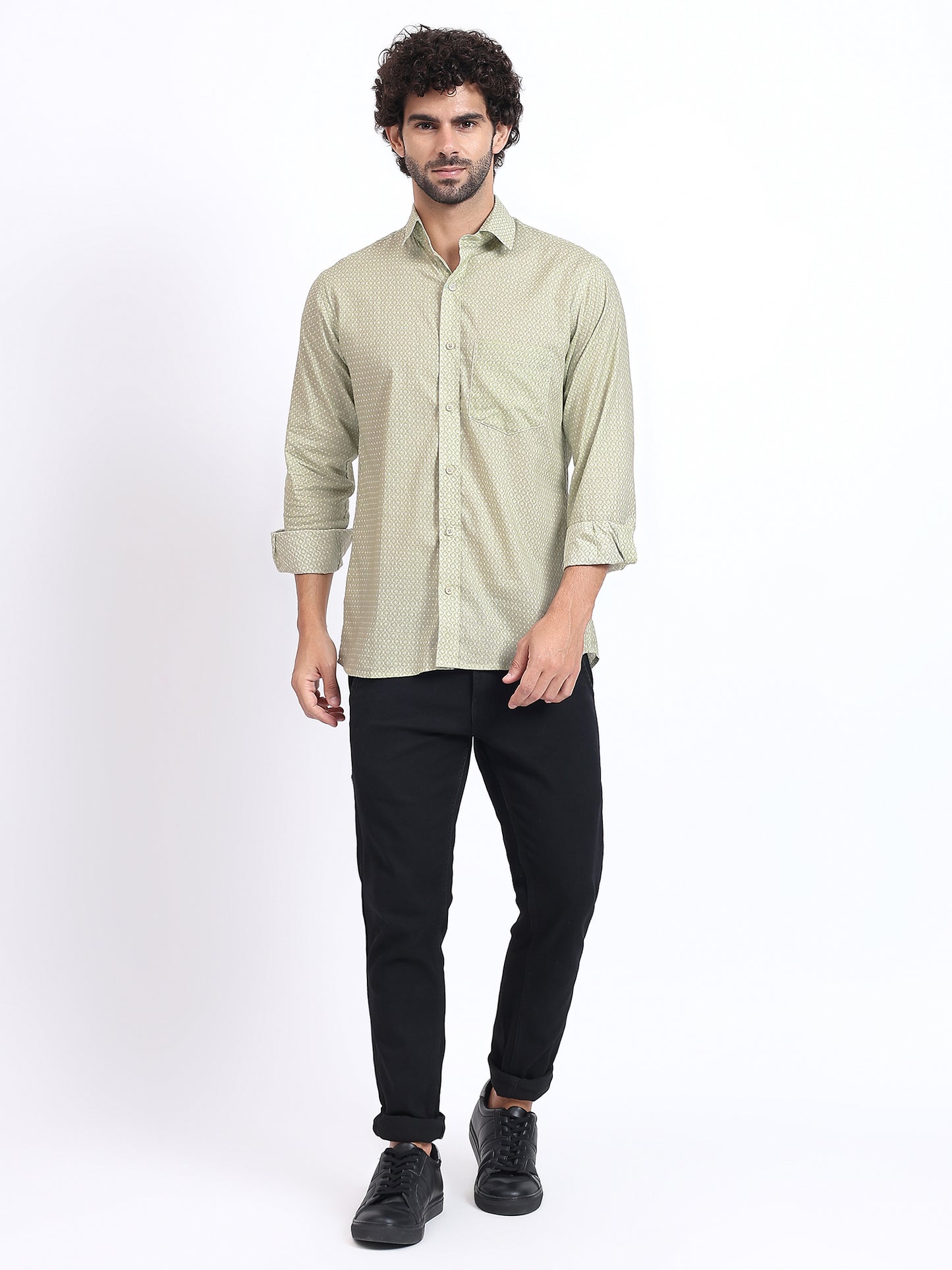 Slim-Fit Printed Long-Sleeve Shirt in Light Olive Green