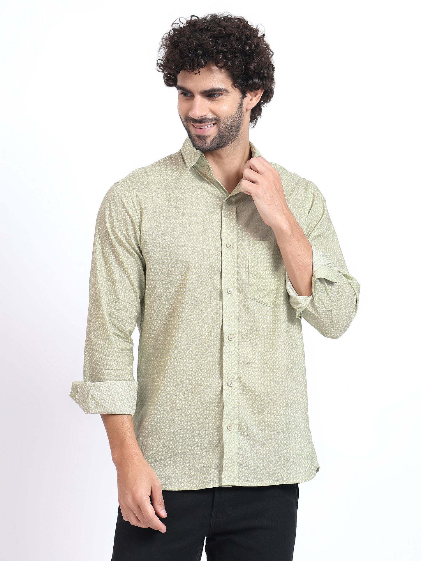 Slim-Fit Printed Long-Sleeve Shirt in Light Olive Green