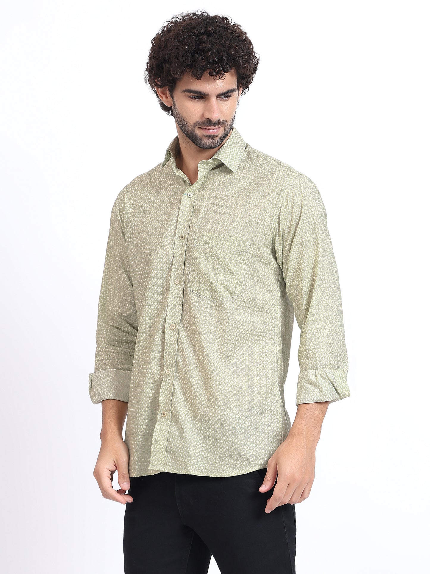 Slim-Fit Printed Long-Sleeve Shirt in Light Olive Green