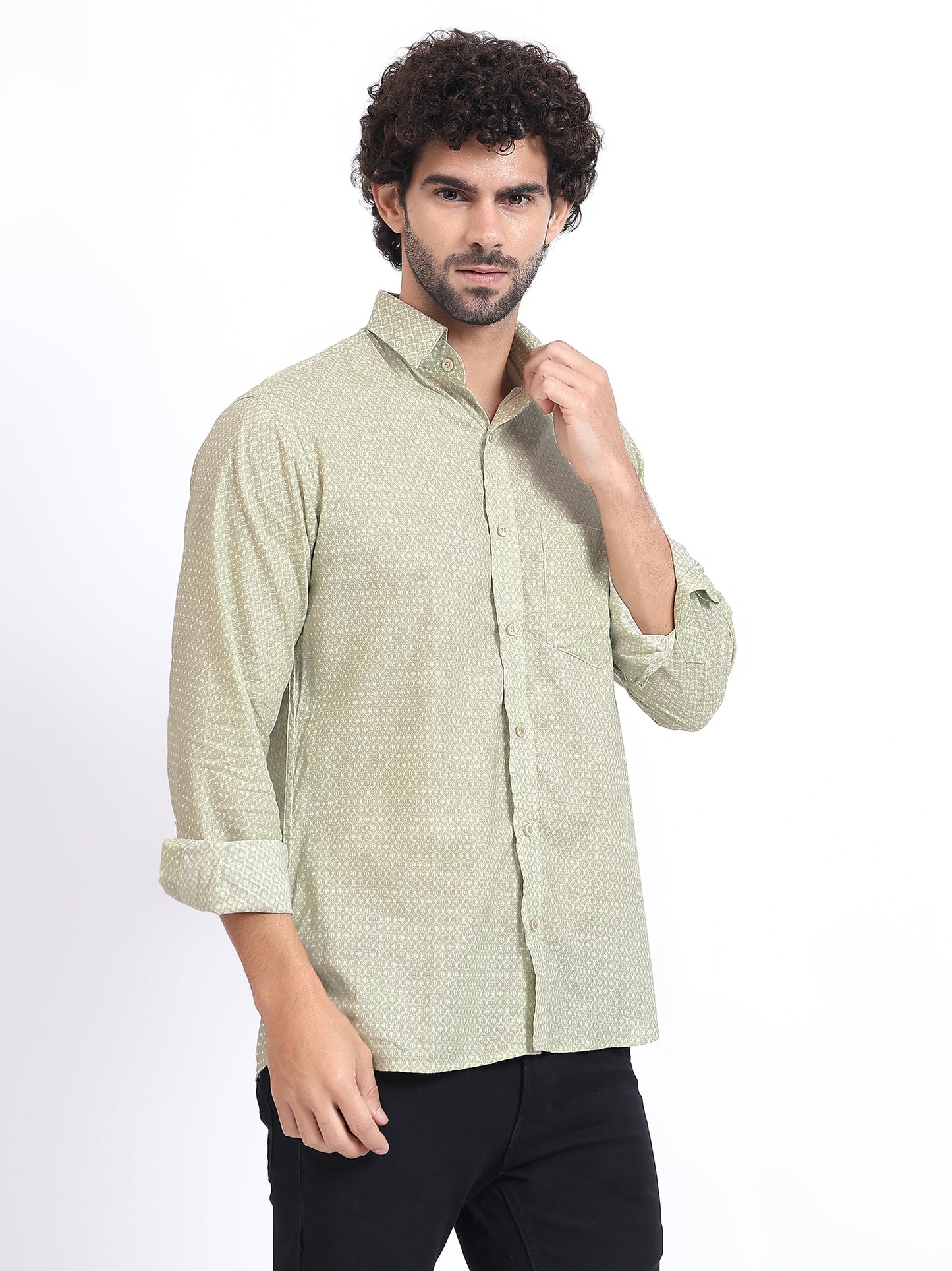 Slim-Fit Printed Long-Sleeve Shirt in Light Olive Green