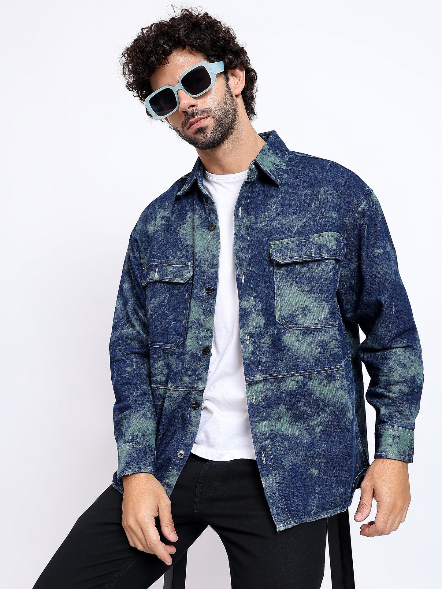 casual marble washed denim overshirt