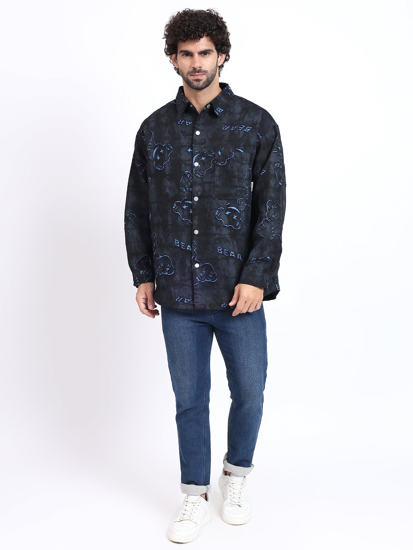 Black denim over-shirt with distressed motives